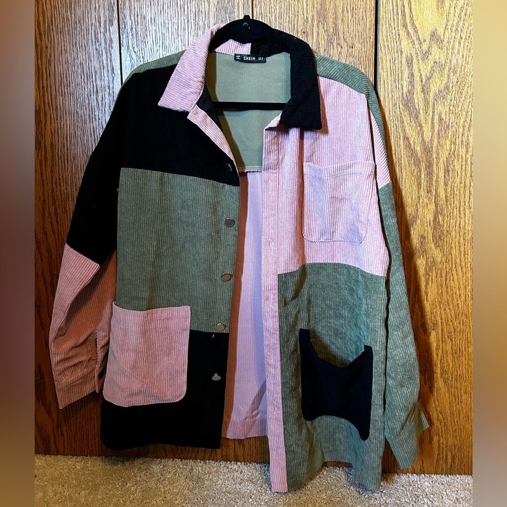 Black, green, and pink color block jacket from shein size large.